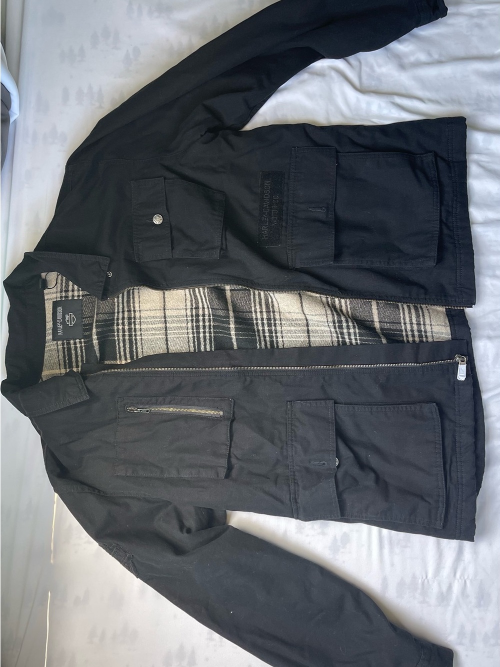 Harley-Davidson Black Military Field Jacket with Plaid Lining